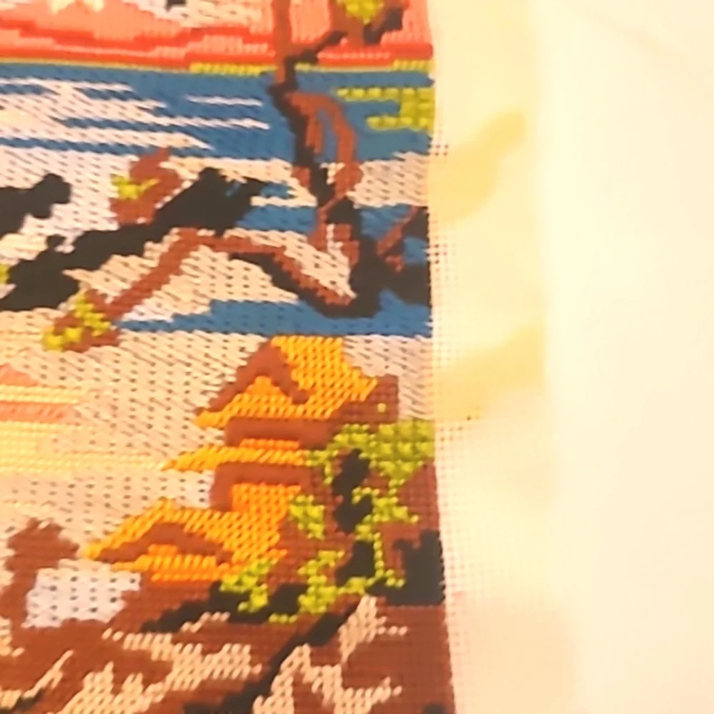 2 French Tapestries Needlepoint Vintage Handmade on Cotton Asian Style Design